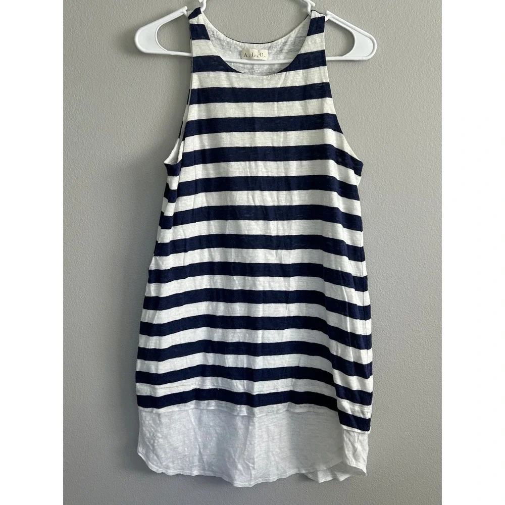 ALC Linen Shift Dress Striped Navy White Sleeveless Coastal Chic quiet luxury